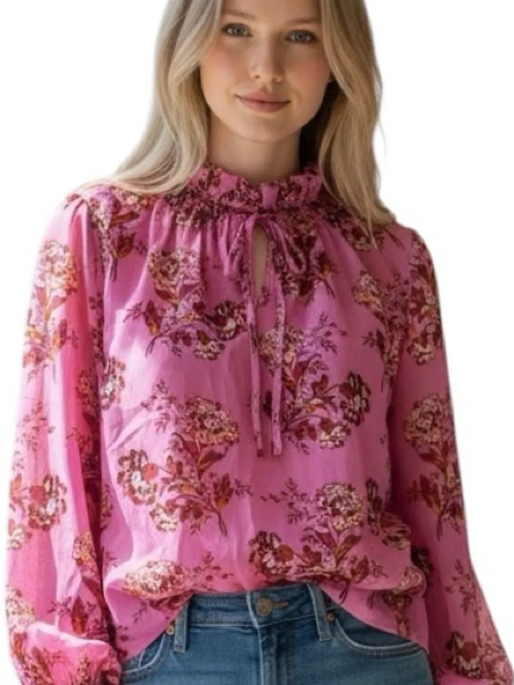 J. Crew Pink Floral Tie-Neck Smocked Blouse